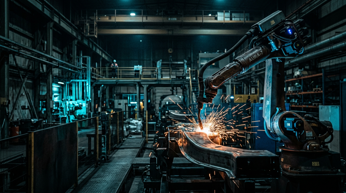 Industrial robotic arm operating inside an advanced manufacturing facility